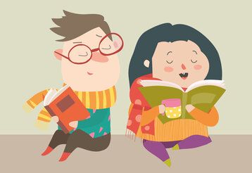 Vektorillustration, ein Junge und ein Mädchen sitzen zusammen und lesen Bücher