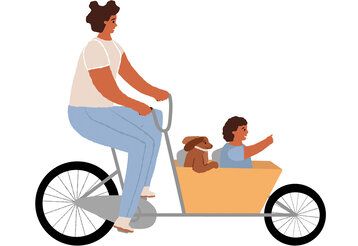 Vektorillustration von einer Mutter, die Kind und Hund im Lastenrad fährt