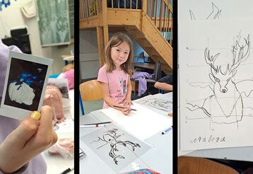 Bild ist dreigeteilt, links: eine Kinderhand hält ein Polaroidfoto in die Kamera, mitte: ein Mädchen zeichnet und schaut den Betrachter an, rchts: Outlinezeichnung eines Hirschen