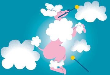 Illustration eines rosa Hundes, der durch Wolken fliegt, Schlagzeugstock im Mail, Hintergrund blau